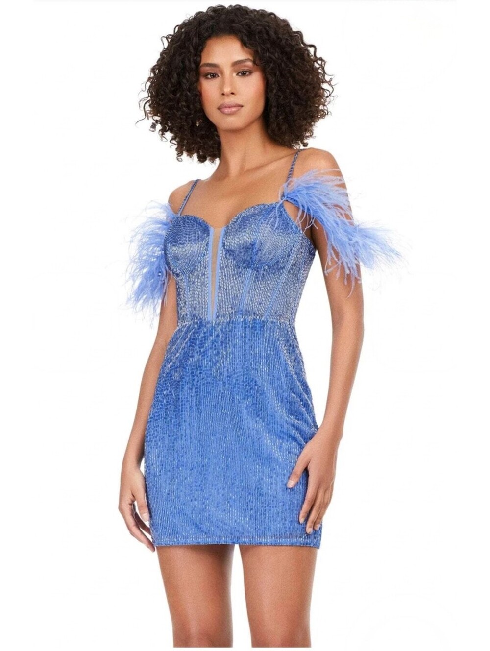 Flapper Liquid Beaded Feather Corset Cocktail Short Periwinkle Light Blue Dress